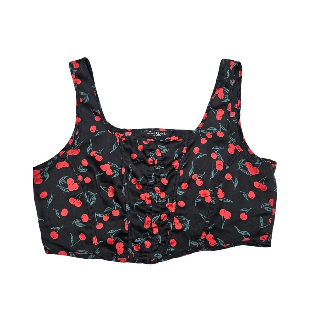 Mixed Threads Cherry Print Cropped Top Womens Large Black Red Retro Rockabilly